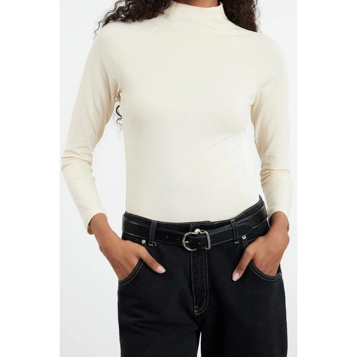 Kadın Moda Şık Üst Giyim Regular Dik Yaka Reglan Kol Slim Kalıp Örme Fitted Vücuda Oturan Bluz