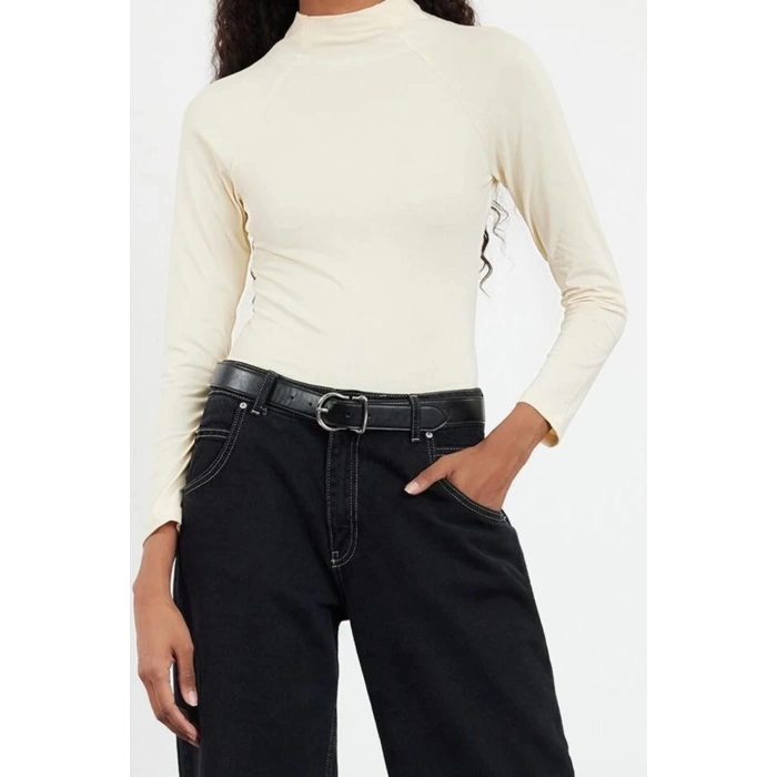 Kadın Moda Şık Üst Giyim Regular Dik Yaka Reglan Kol Slim Kalıp Örme Fitted Vücuda Oturan Bluz