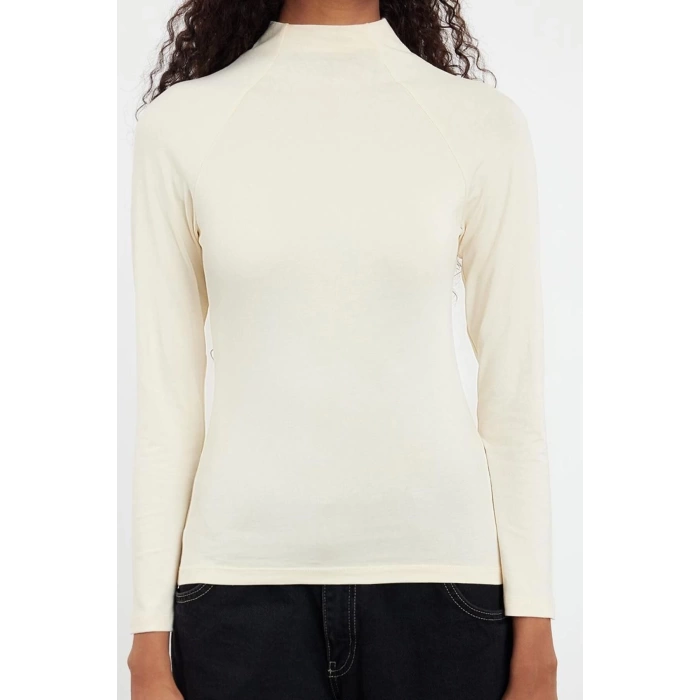 Kadın Moda Şık Üst Giyim Regular Dik Yaka Reglan Kol Slim Kalıp Örme Fitted Vücuda Oturan Bluz