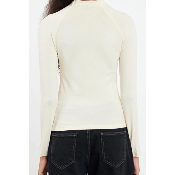 Kadın Moda Şık Üst Giyim Regular Dik Yaka Reglan Kol Slim Kalıp Örme Fitted Vücuda Oturan Bluz