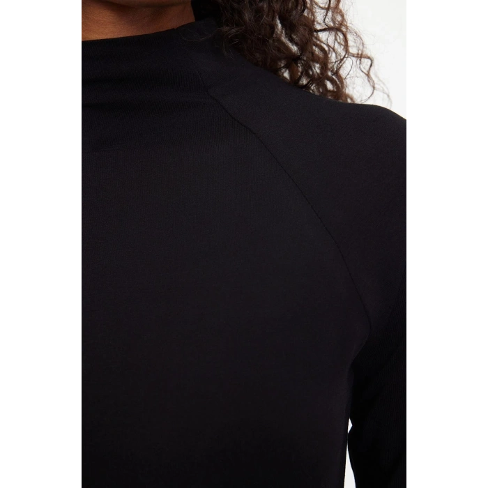 Kadın Moda Şık Üst Giyim Regular Dik Yaka Reglan Kol Slim Kalıp Örme Fitted Vücuda Oturan Bluz