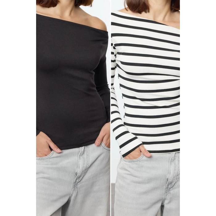 Womens Carmen Collar Low Sleeve Slim Pattern Knitted Soft Touch Soft Fabric Body-Smoothing Flexible Blouse