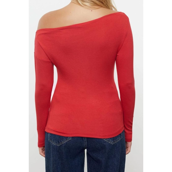 Womens Carmen Collar Low Sleeve Slim Pattern Knitted Soft Touch Soft Fabric Body-Smoothing Flexible Blouse