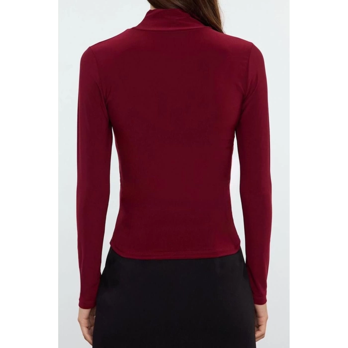 Womens Fashion Stylish Regular Stand Collar Slim Pattern Knitted Fitted Body Fitting Sleeved Elastic Ribbed Blouse