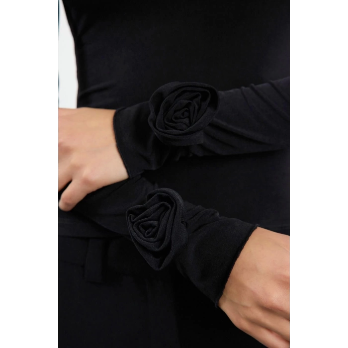 Kadın Moda Şık Regular Dik Yaka Slim Kalıp Örme Gül Detaylı Fitted Vucuda Oturan Kollu Esnek Bluz