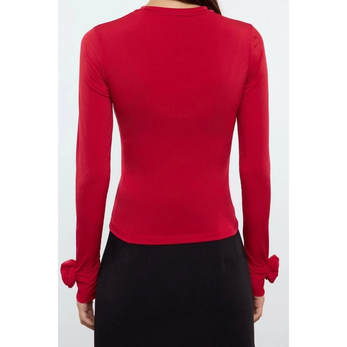 Kadın Moda Şık Regular Dik Yaka Slim Kalıp Örme Gül Detaylı Fitted Vucuda Oturan Kollu Esnek Bluz