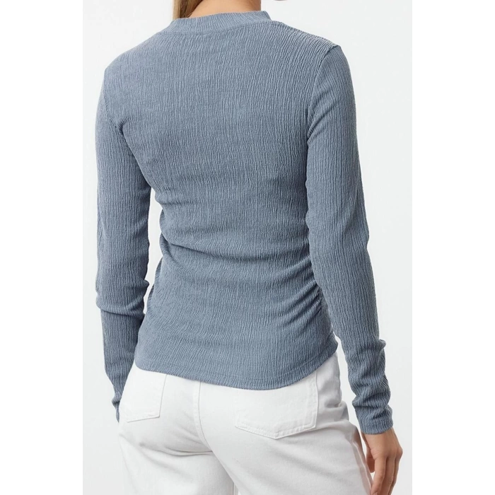 Kadın Moda Şık Üst Giyim Regular Dik Yaka Slim Kalıp Örme Büzgü Drape Detaylı Normal Kalıp Bluz