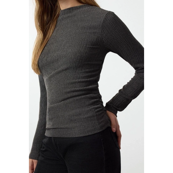 Kadın Moda Şık Üst Giyim Regular Dik Yaka Slim Kalıp Örme Büzgü Drape Detaylı Normal Kalıp Bluz
