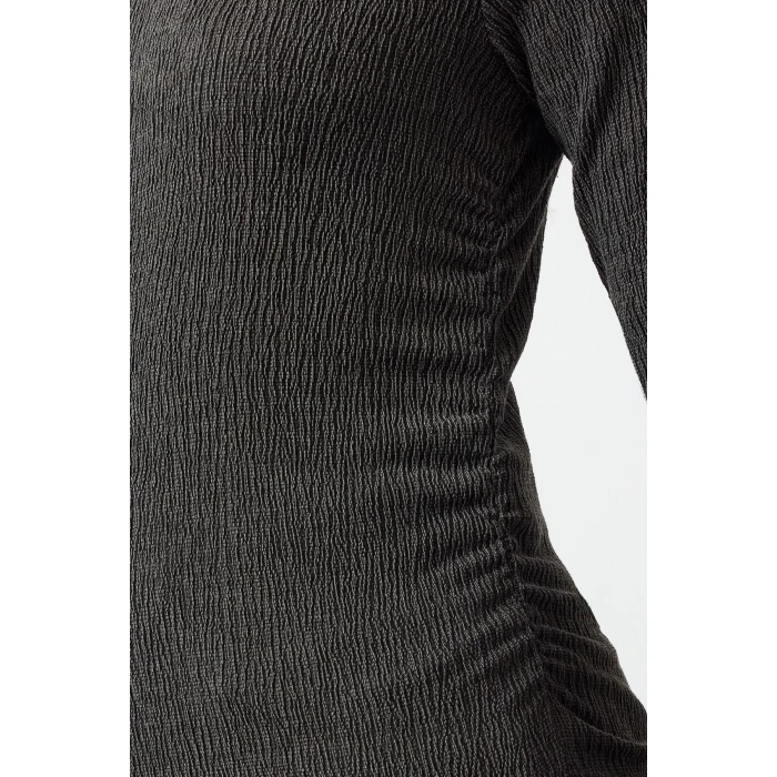 Kadın Moda Şık Üst Giyim Regular Dik Yaka Slim Kalıp Örme Büzgü Drape Detaylı Normal Kalıp Bluz