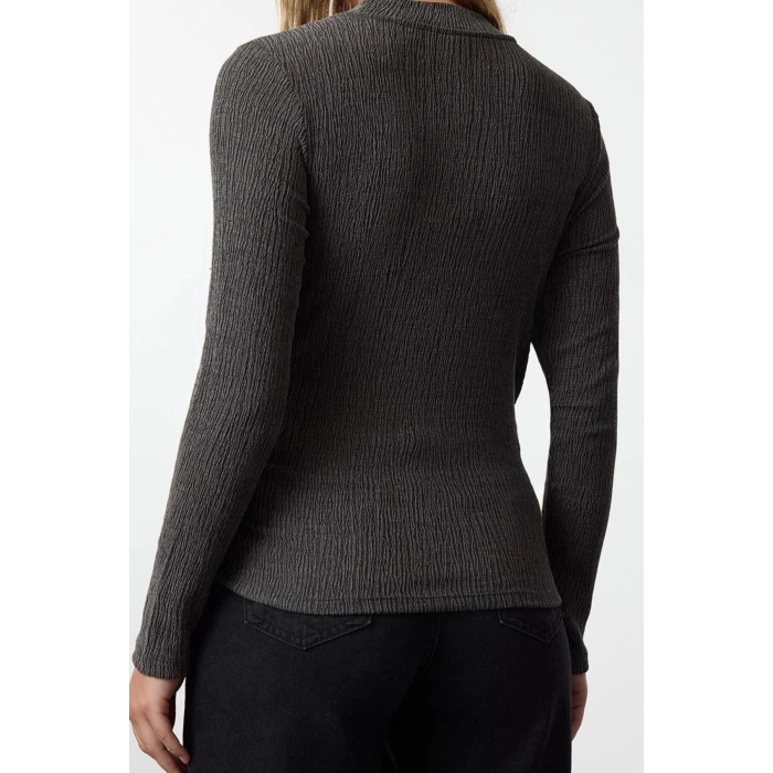 Kadın Moda Şık Üst Giyim Regular Dik Yaka Slim Kalıp Örme Büzgü Drape Detaylı Normal Kalıp Bluz
