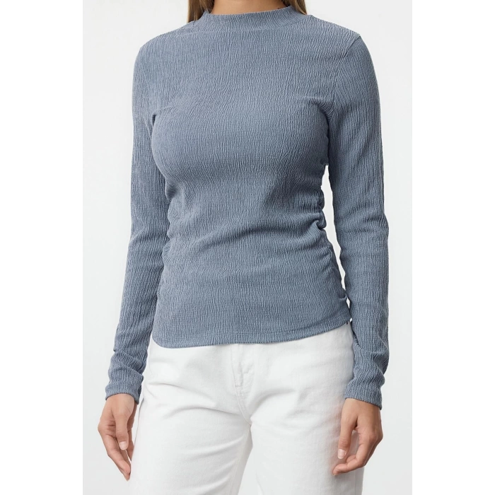 Kadın Moda Şık Üst Giyim Regular Dik Yaka Slim Kalıp Örme Büzgü Drape Detaylı Normal Kalıp Bluz