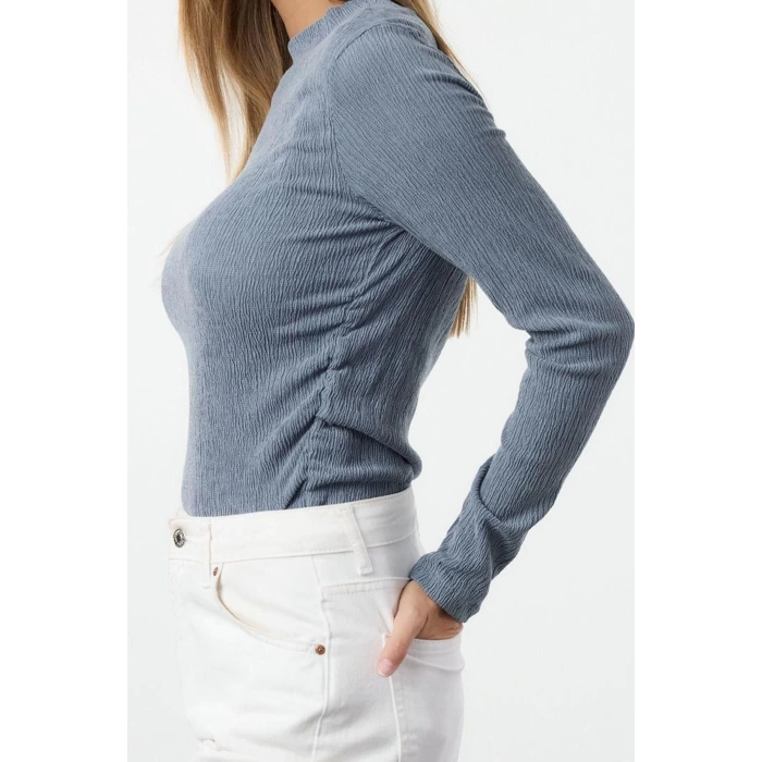 Kadın Moda Şık Üst Giyim Regular Dik Yaka Slim Kalıp Örme Büzgü Drape Detaylı Normal Kalıp Bluz