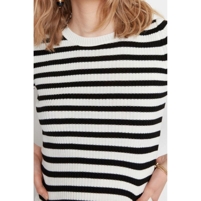 Women Fashion Stylish Tops Regular Crew Neck Regular Fit Knitwear Basic Striped Sweater