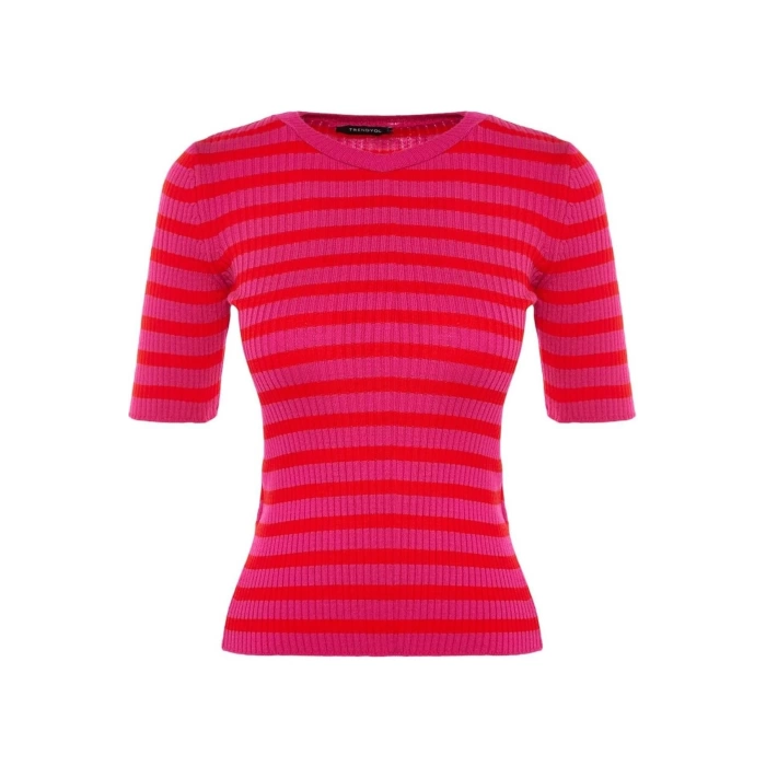 Women Fashion Stylish Tops Regular Crew Neck Regular Fit Knitwear Basic Striped Sweater