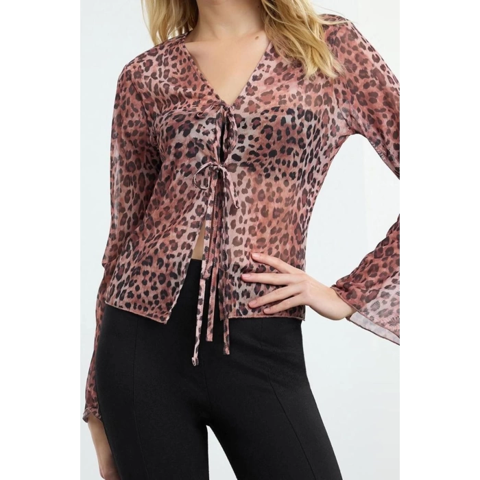 Womens Fashion Stylish Regular V Neck Spanish Sleeve Regular Pattern Knitted Tie Detailed Tulle Flexible Blouse