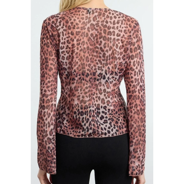 Womens Fashion Stylish Regular V Neck Spanish Sleeve Regular Pattern Knitted Tie Detailed Tulle Flexible Blouse