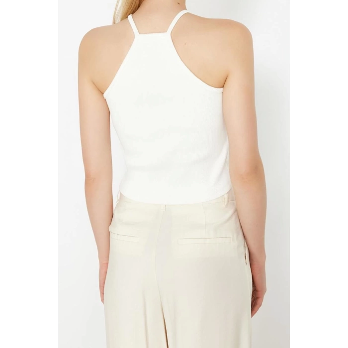 Womens Fashion Stylish Crop Halter Neck Slim Pattern Knitted Stone Detailed Fitted Body Fitting Elastic Blouse