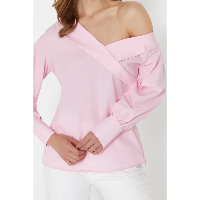 Women Fashion Stylish Tops Regular Asymmetric Collar Regular Pattern Woven Boat Neck Blouse