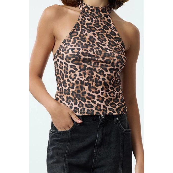 Women Fashion Stylish Regular Halter Neck Slim Pattern Knitted Leopard Printed Fitted Body-Smoothing Flexible Blouse