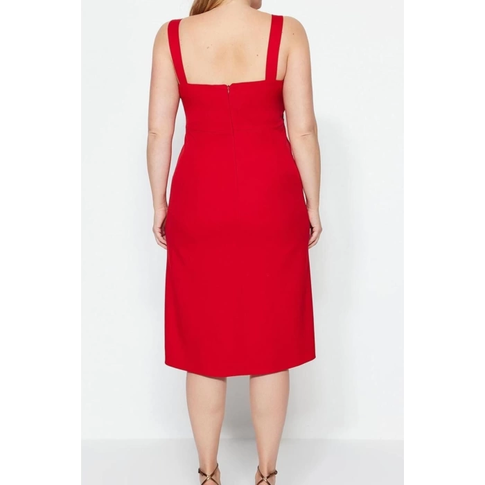 Yeni Fit Casual Günlük Finike Dokuma Straplez Askılı Kol A-Line Midi Boy Büyük Beden Elbise