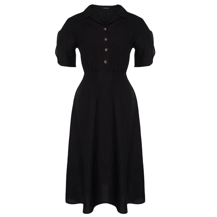 New Comfortable Casual Daily Aerobin Woven Shirt Collar Short Sleeve A-Line Midi Length Plus Size Dress