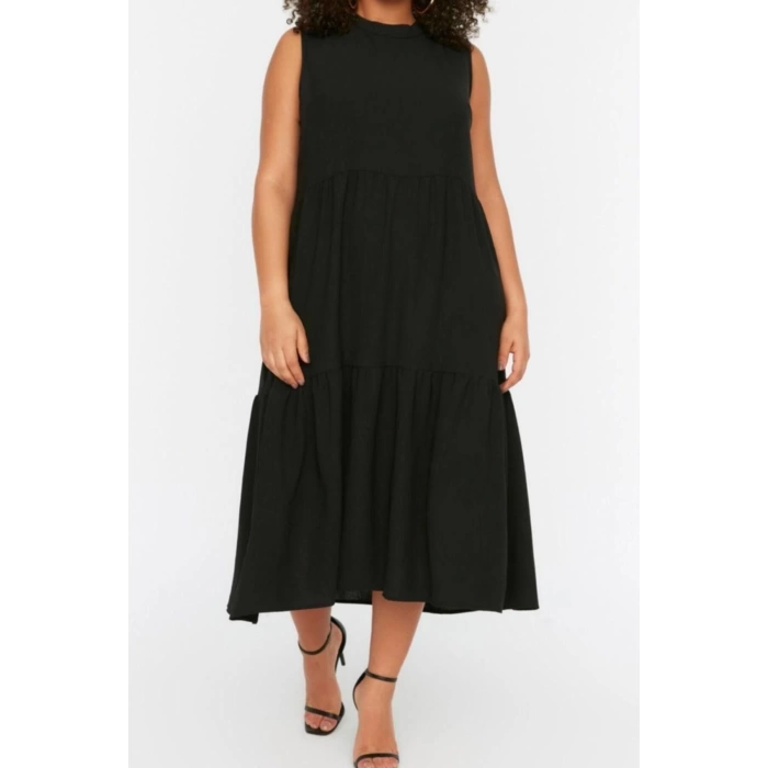 New Comfortable Casual Daily Aerobin Woven Crew Neck Sleeveless Sleeve Smock Maxi Length Plus Size Dress