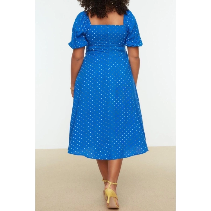 New Comfortable Casual Daily Shally Woven Square Neck Short Sleeve A-Line Midi Length Plus Size Dress