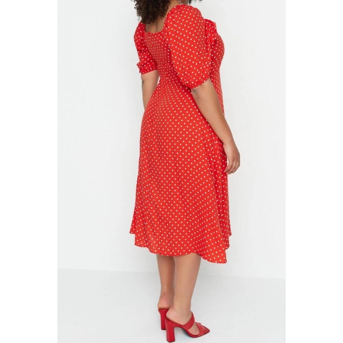 New Comfortable Casual Daily Shally Woven Square Neck Short Sleeve A-Line Midi Length Plus Size Dress