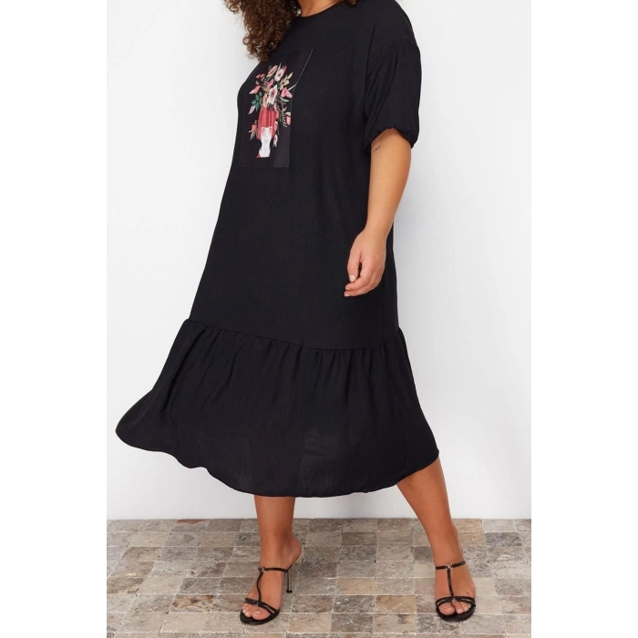 Yeni Rahat Casual Günlük Queen Crep Dokuma Bisiklet Yaka Kısa Kol Smock Midi Boy Büyük Beden Elbise