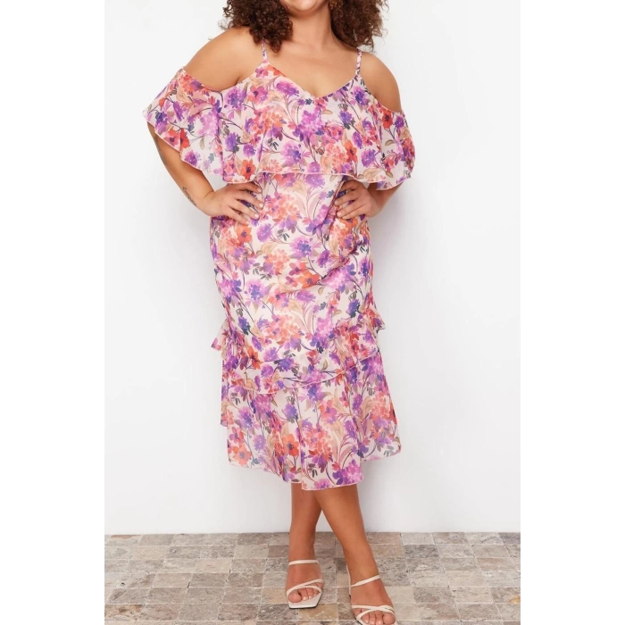 New Comfortable Day Night Chiffon Woven V Neck Strap Sleeve A-Line Maxi Length Plus Size Dress