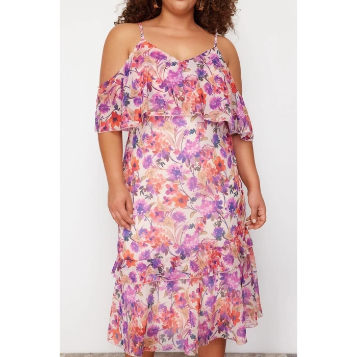New Comfortable Day Night Chiffon Woven V Neck Strap Sleeve A-Line Maxi Length Plus Size Dress