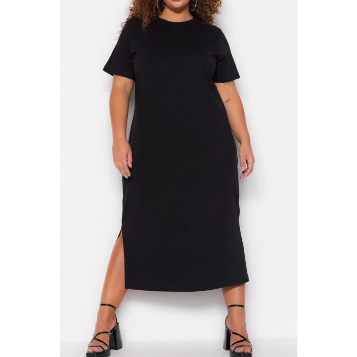 New Comfortable Casual Daily Jersey Knitted Crew Neck Short Sleeve Shift Midi Length Plus Size Dress