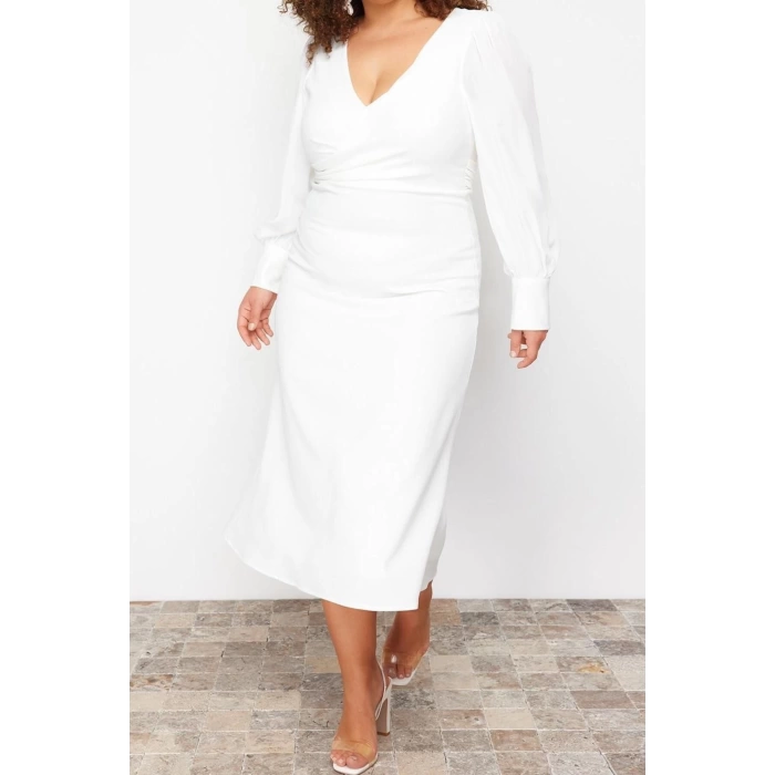 New Fit Wedding Wedding Crepe Woven Double Breasted Long Sleeve Fish Maxi Length Plus Size Dress