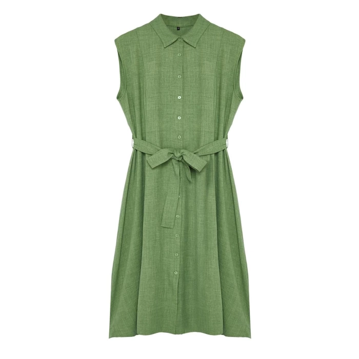 New Casual Casual Linen Look Woven Shirt Collar Short Sleeve A-Line Midi Length Plus Size Dress