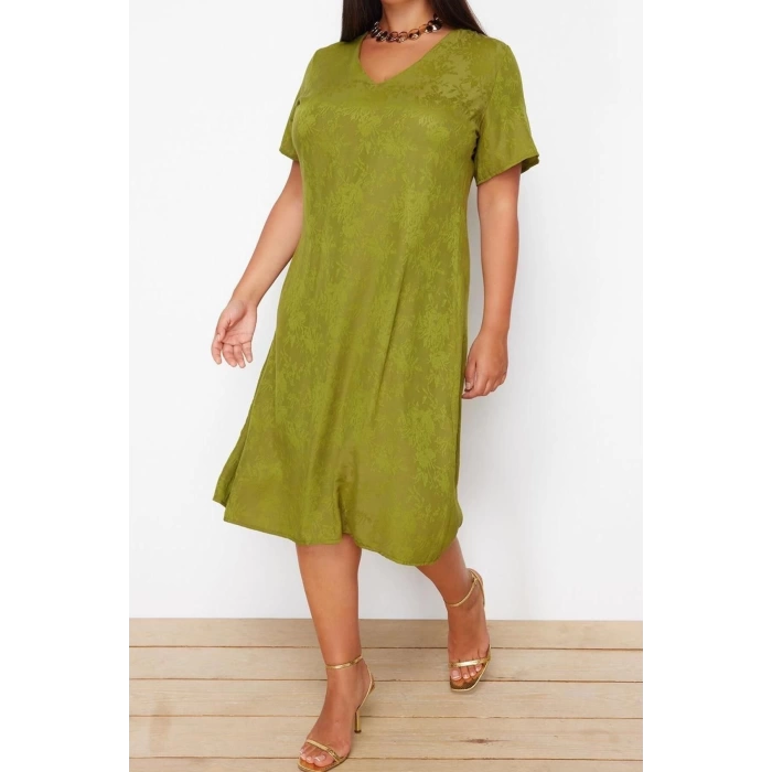 New Comfortable Casual Daily Jacquard Woven V Neck Short Sleeve A-Line Midi Length Plus Size Dress