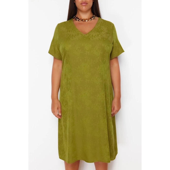 New Comfortable Casual Daily Jacquard Woven V Neck Short Sleeve A-Line Midi Length Plus Size Dress