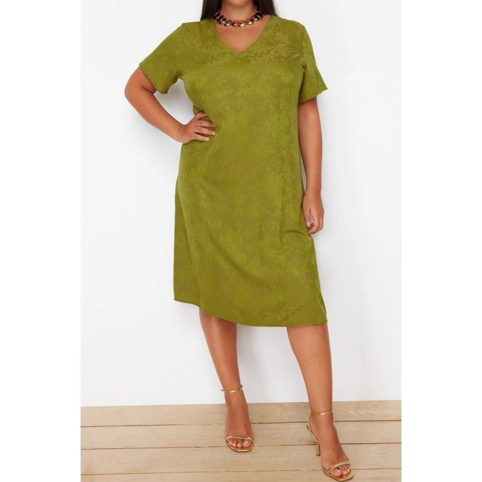 New Comfortable Casual Daily Jacquard Woven V Neck Short Sleeve A-Line Midi Length Plus Size Dress