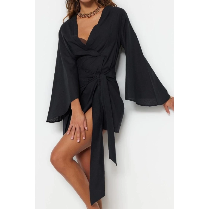 New Regular Beach Casual Flamed Cotton Woven V Neck Long Sleeve Shift Mini Length Dress