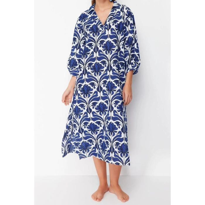 New Regular Beach Casual Voile Woven V Neck Three Quarter Sleeve Shift Maxi Length Dress