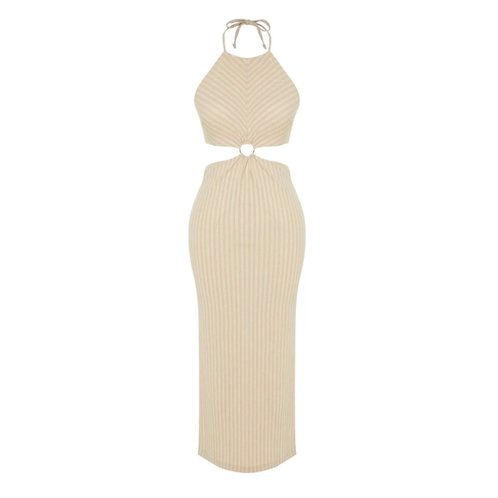 New Regular Beach Casual Textured Knitted Halter Neck Sleeveless Smock Maxi Dress
