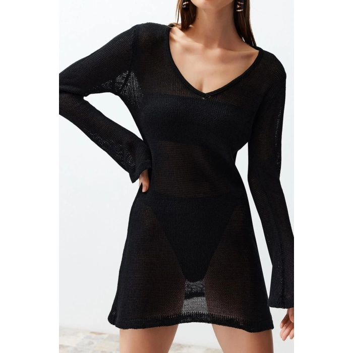 Yeni Fit Plaj Günlük Triko Görünümlü Triko Gömlek Yaka Uzun Kol Shift Mini Boy Elbise