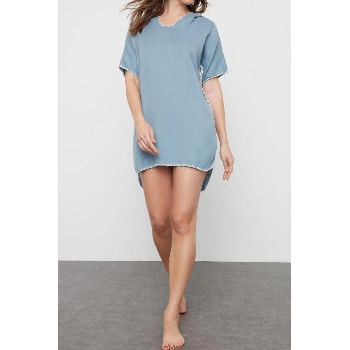 New Oversize Beach Casual Muslin Woven Square Neck Short Sleeve Shift Midi Length Dress