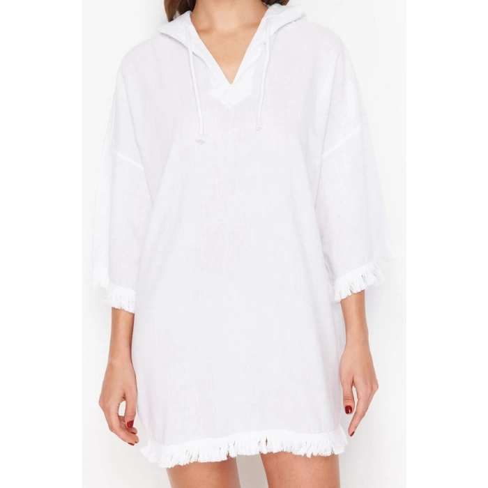 Yeni Oversize Plaj Günlük Mesh Dokuma V Yaka Kısa Kol Shift Maxi Boy Elbise