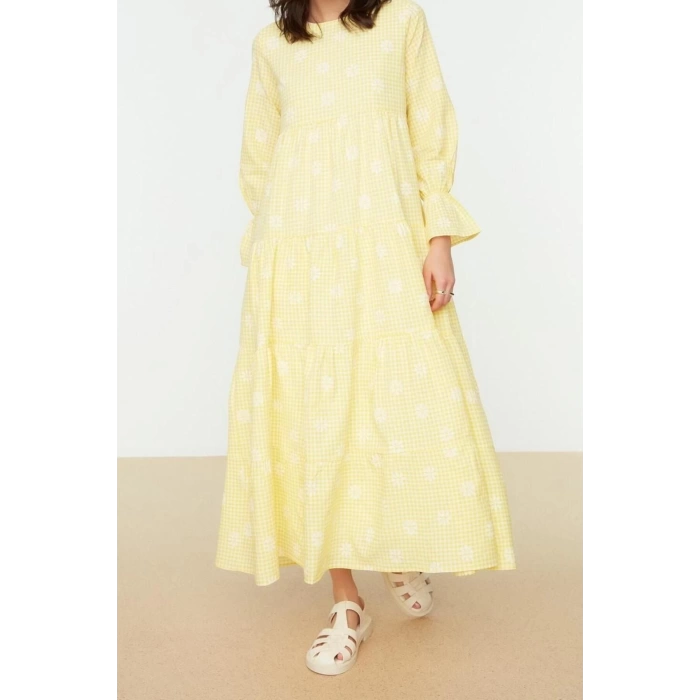 New Oversize Casual Terrycotton Woven Crew Neck Long Sleeve Skater Maxi Length Hijab Dress
