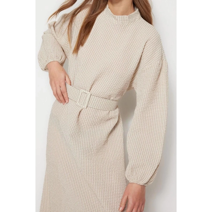 New Regular Casual Daily Seersucker Woven Crew Neck Long Sleeve A-Line Long Length Hijab Dress