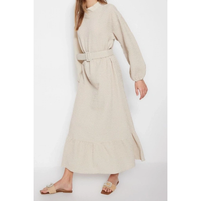 New Regular Casual Daily Seersucker Woven Crew Neck Long Sleeve A-Line Long Length Hijab Dress