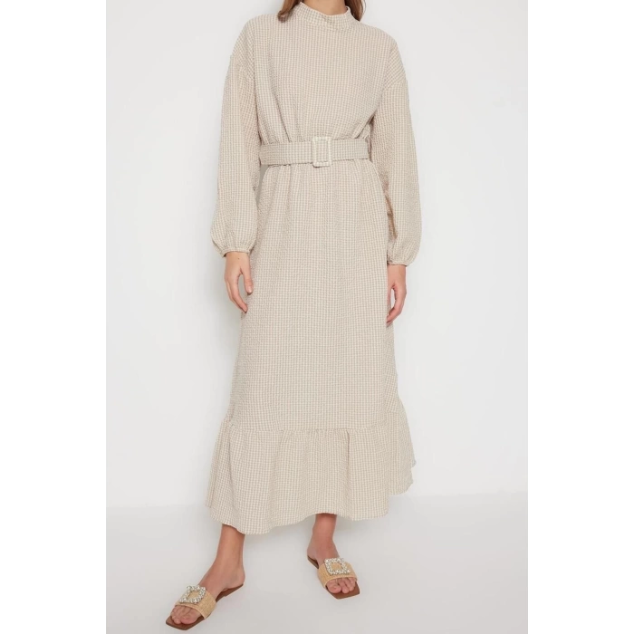 New Regular Casual Daily Seersucker Woven Crew Neck Long Sleeve A-Line Long Length Hijab Dress