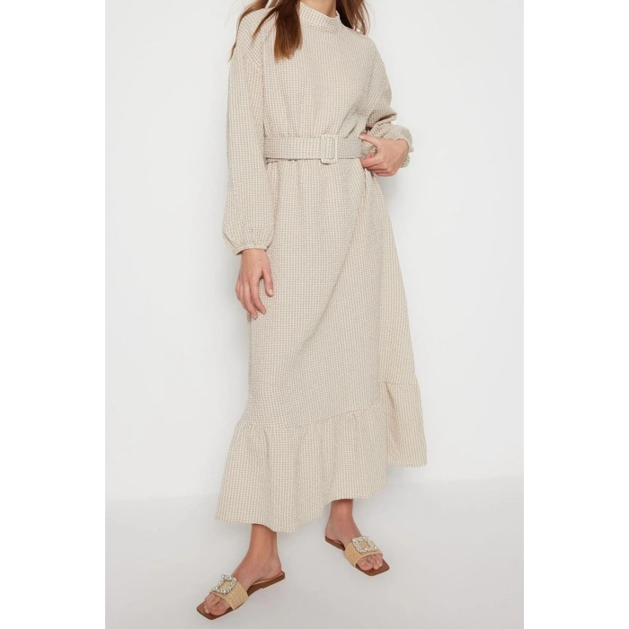 New Regular Casual Daily Seersucker Woven Crew Neck Long Sleeve A-Line Long Length Hijab Dress