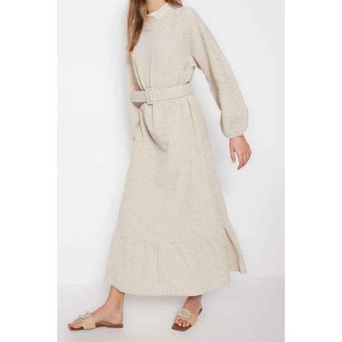New Regular Casual Daily Seersucker Woven Crew Neck Long Sleeve A-Line Long Length Hijab Dress