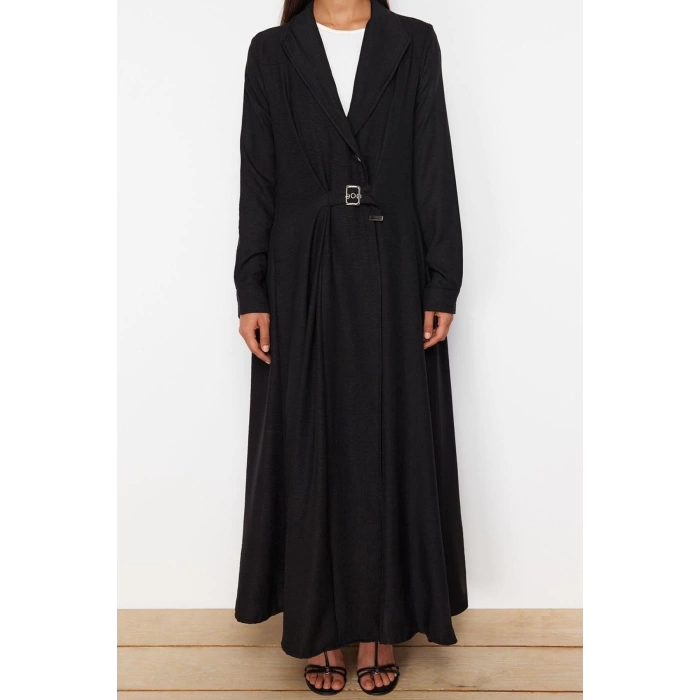 New Regular Daily Linen Look Woven Jacket Collar Long Sleeve A-Line Maxi Length Hijab Dress
